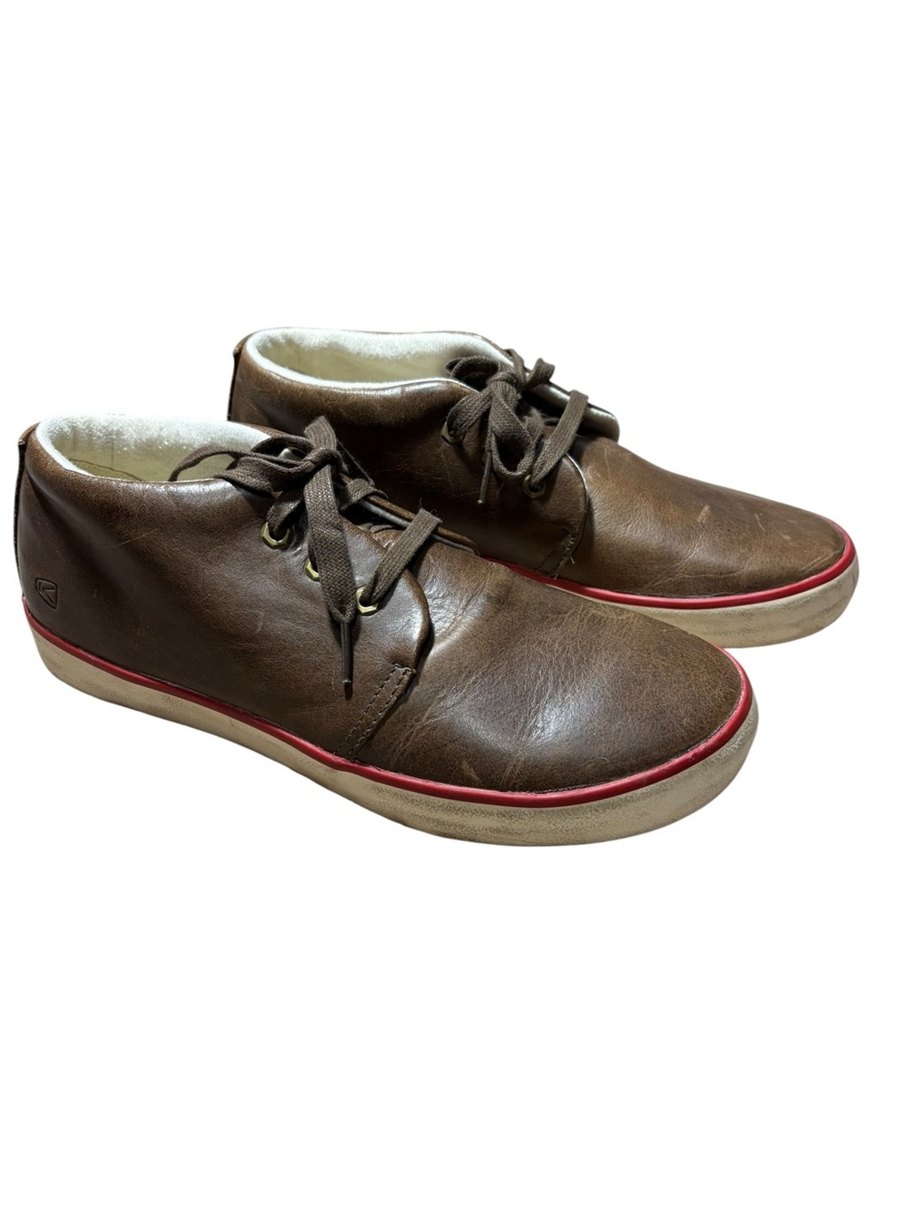 KEEN | Men's Brown Leather Santa Cruz Sneakers size 10 Red Trim Casual Chukka